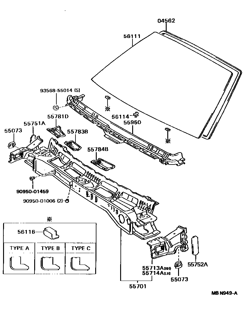 Toyota CAMRY 前围板和挡风玻璃 EPC diagram — MBN949A