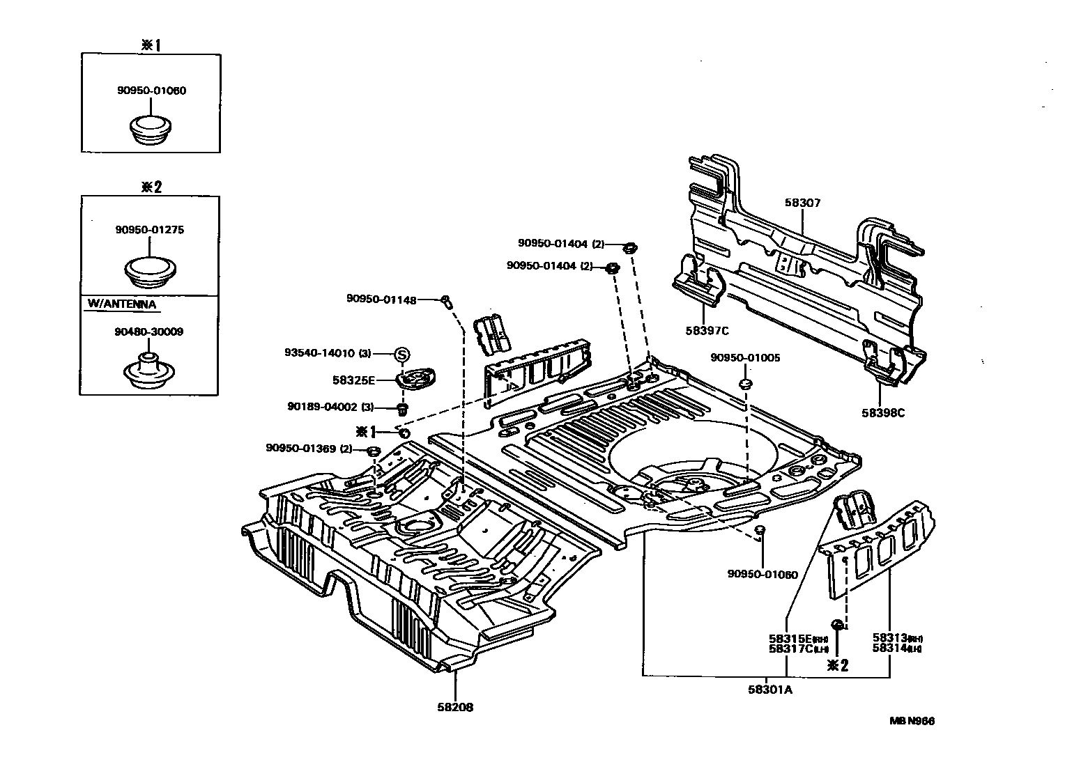 Toyota CAMRY 浅盘形地板和车身下背板 EPC diagram — MBN966