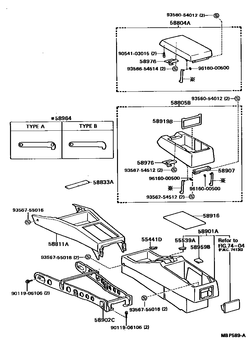 Toyota CAMRY 中央扶手箱和支架 EPC diagram — MBP589A