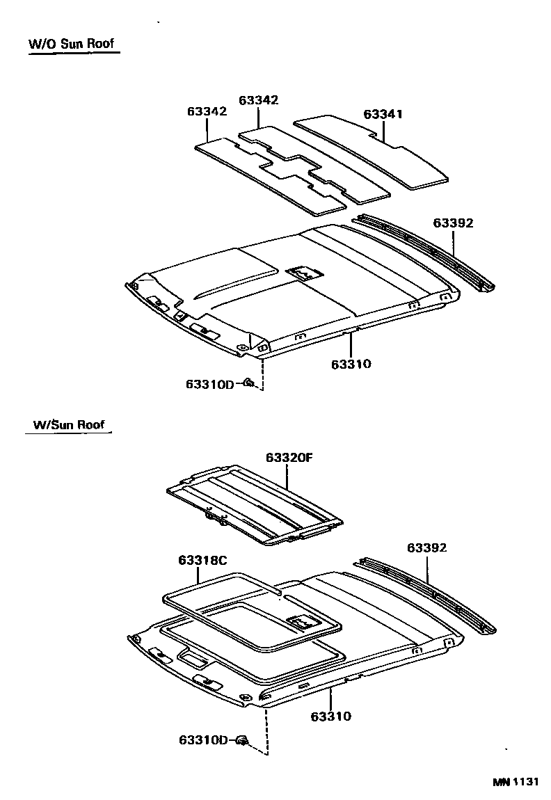 Toyota CAMRY 车顶内衬和消声垫 EPC diagram — MN1131