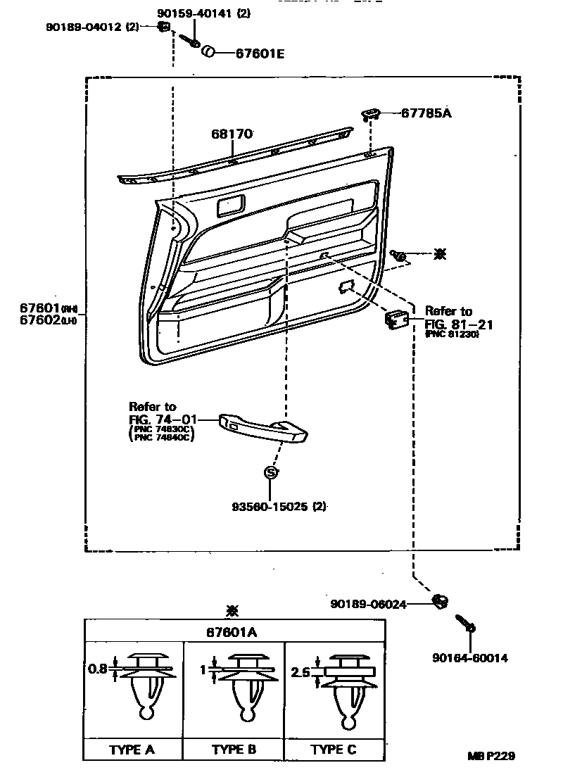 Toyota CAMRY 前门板和前门玻璃 EPC diagram — MBP229