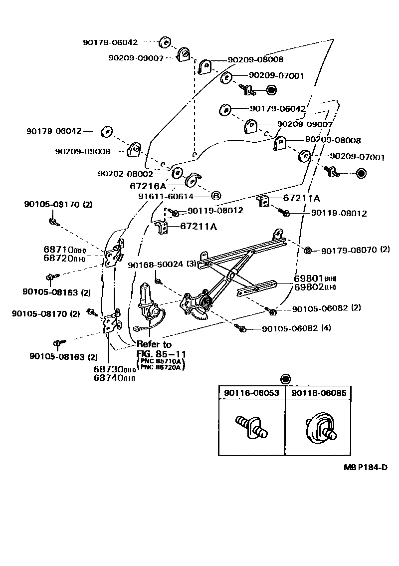 Toyota CAMRY 前门车窗升降器和合页 EPC diagram — MBP184D