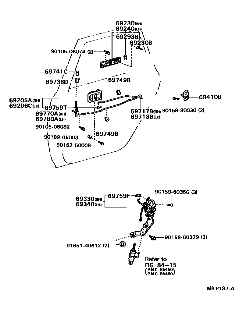 Toyota CAMRY 后门锁和后门把手 EPC diagram — MBP187A