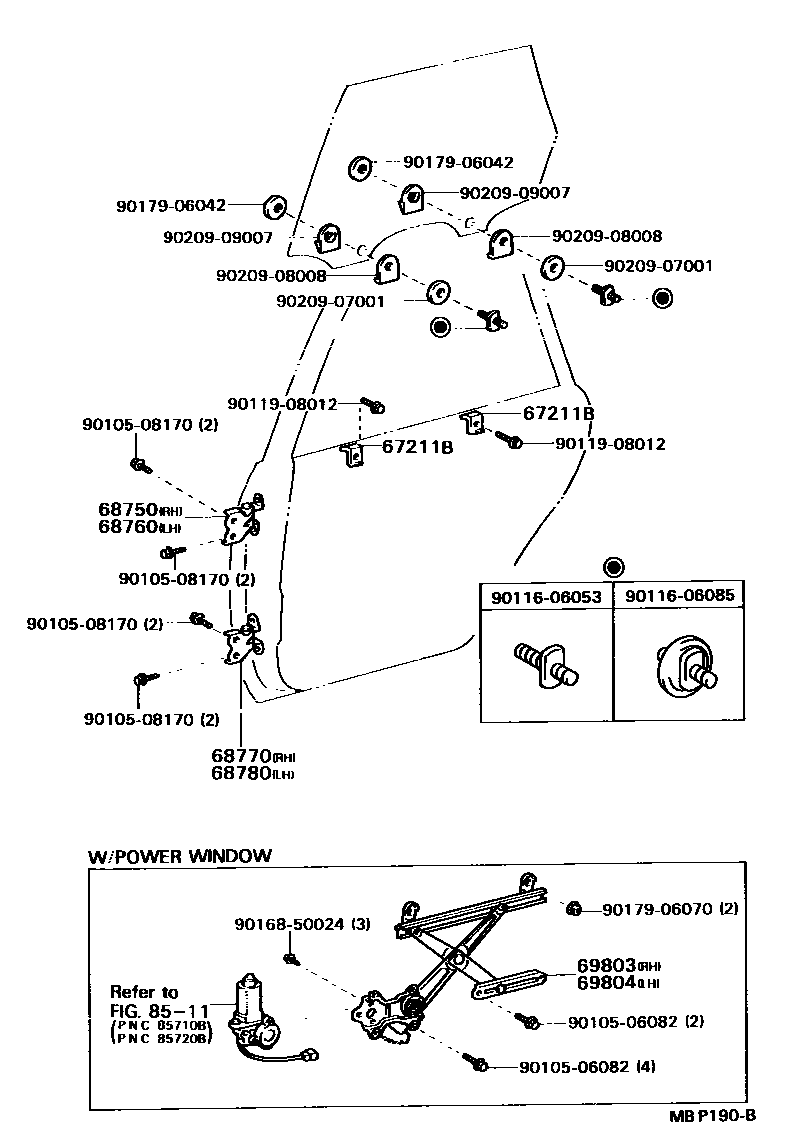 Toyota CAMRY 后门车窗升降器和合页 EPC diagram — MBP190B