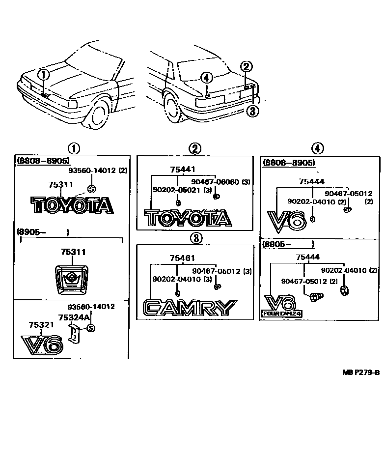 Toyota CAMRY 丰田徽标和铭牌(车外和车内) EPC diagram — MBP279B