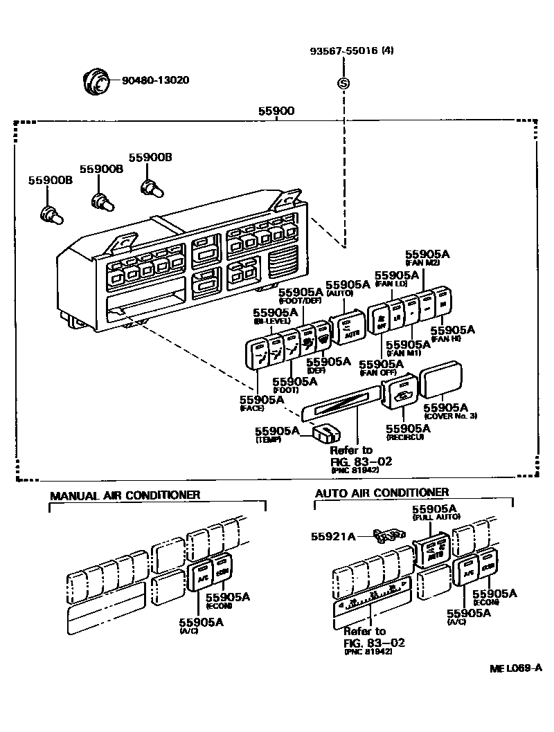Toyota CAMRY 暖风和空调系统 - 控制器和风管 EPC diagram — MEL069A