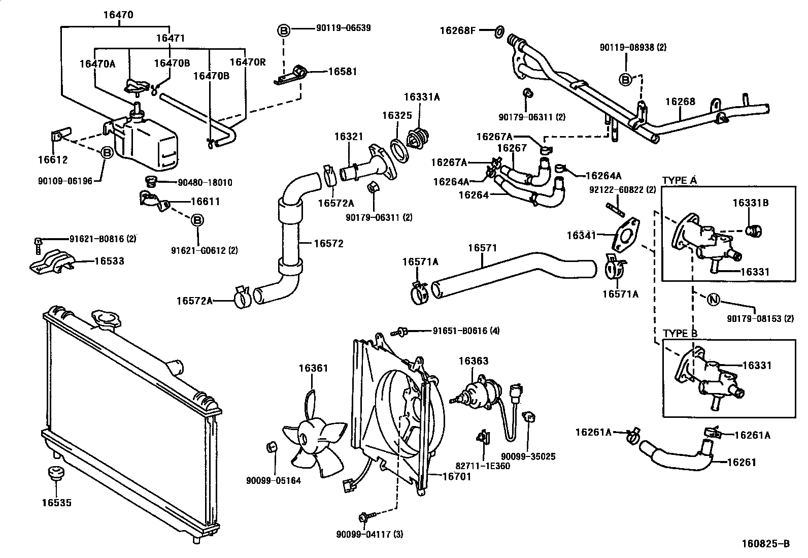 Toyota CAMRY RADIATOR & WATER OUTLET EPC diagram — 160825B