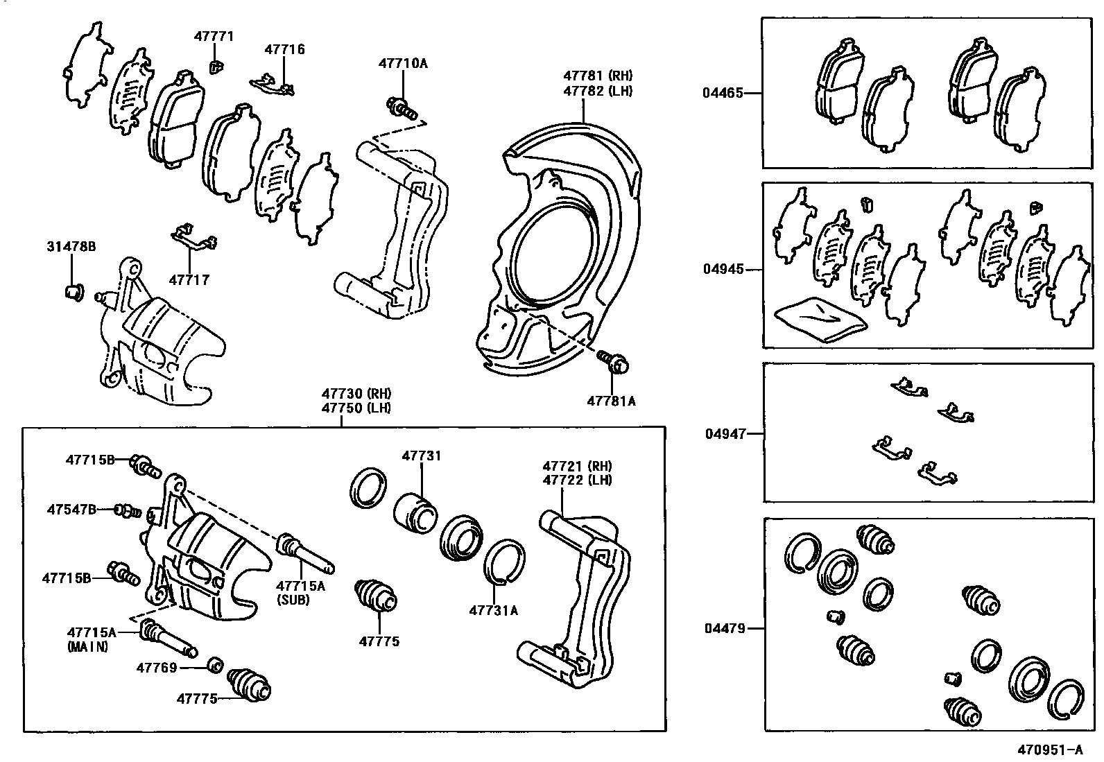Toyota CAMRY 前盘式制动器卡钳和防尘罩 EPC diagram — 470951A