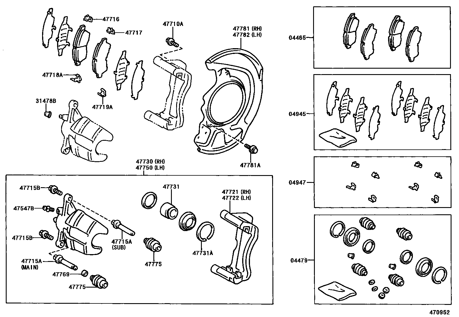 Toyota CAMRY 前盘式制动器卡钳和防尘罩 EPC diagram — 470952