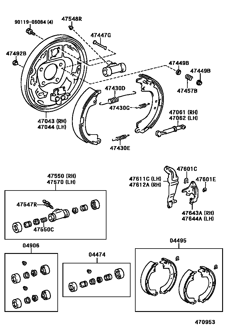 Toyota CAMRY 后鼓式制动器分泵和底板 EPC diagram — 470953