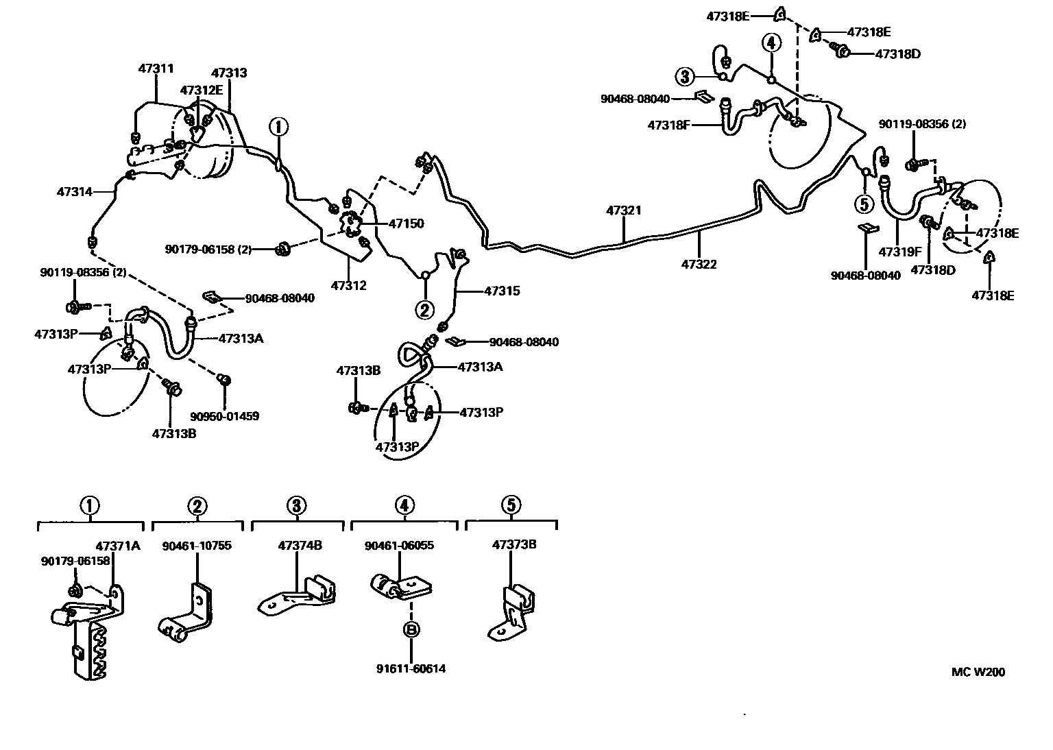 Toyota CAMRY 制动配管和卡箍 EPC diagram — MCW200
