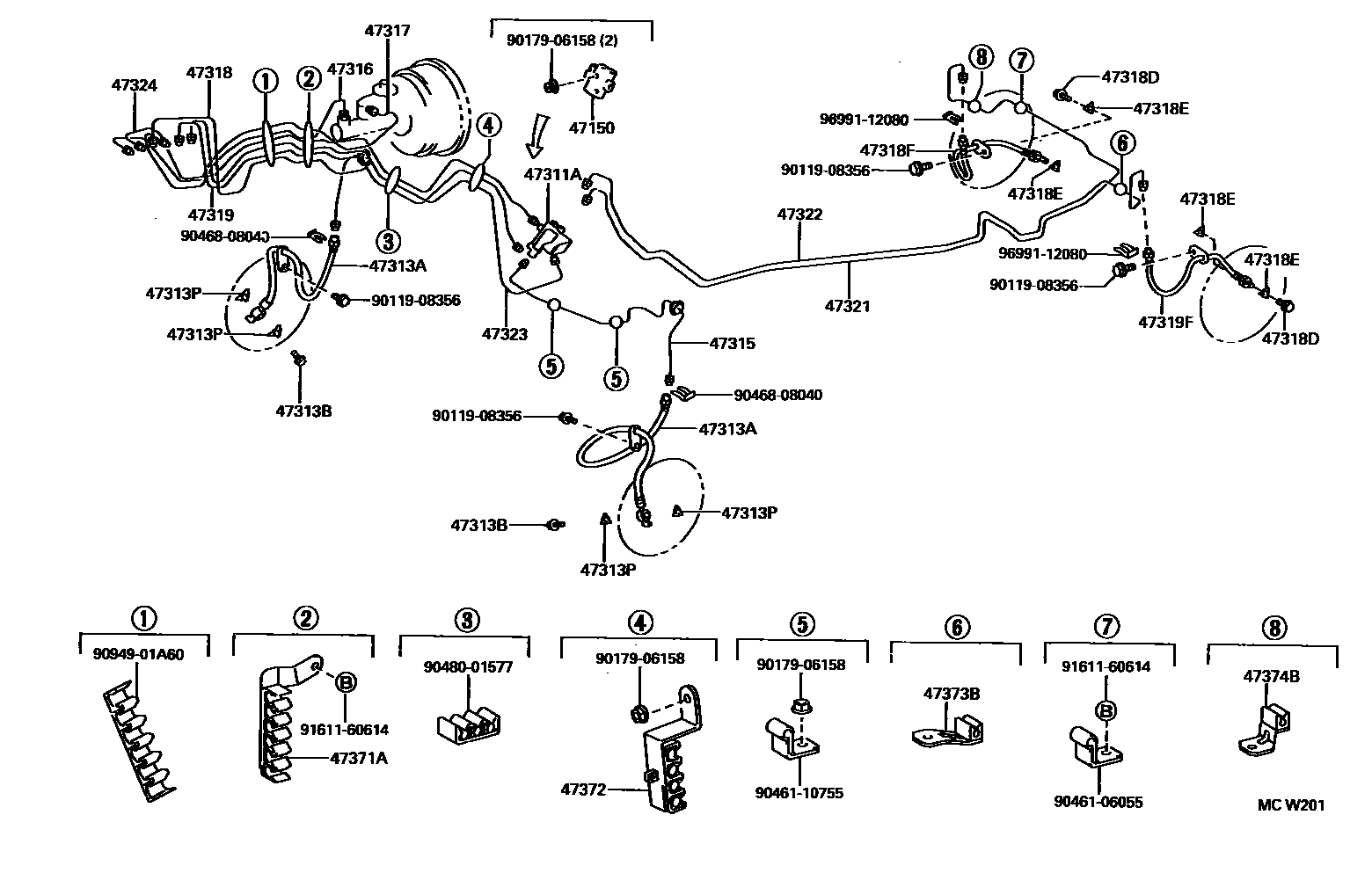 Toyota CAMRY 制动配管和卡箍 EPC diagram — MCW201