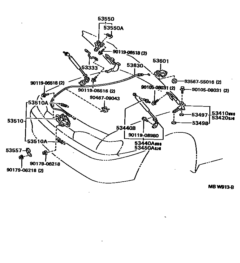 Toyota CAMRY 发动机盖锁和铰链 EPC diagram — MBW913B