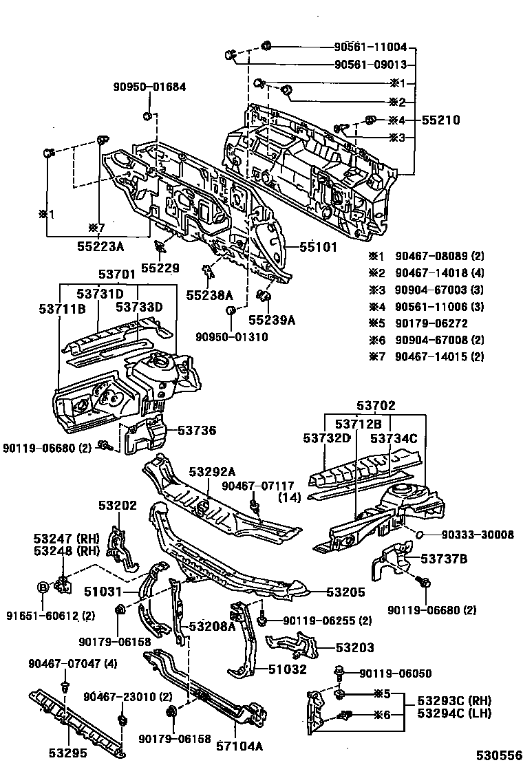 Toyota CAMRY 前翼子板挡泥板和前围板 EPC diagram — 530556