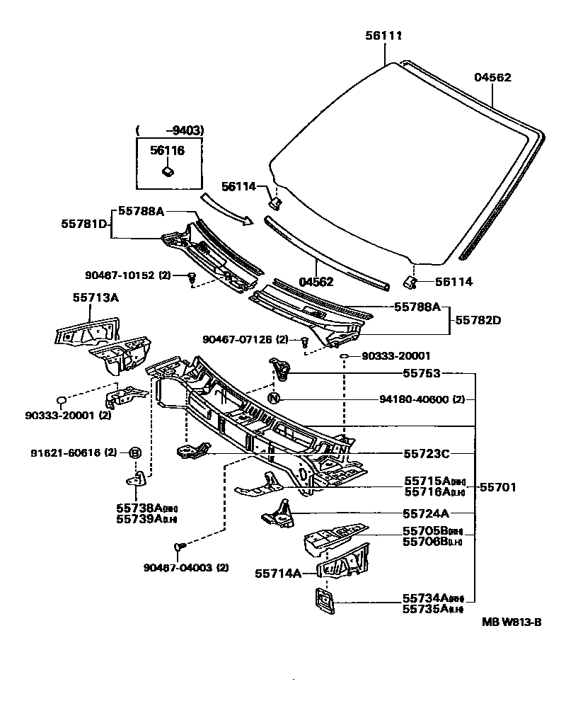 Toyota CAMRY 前围板和挡风玻璃 EPC diagram — MBW813B