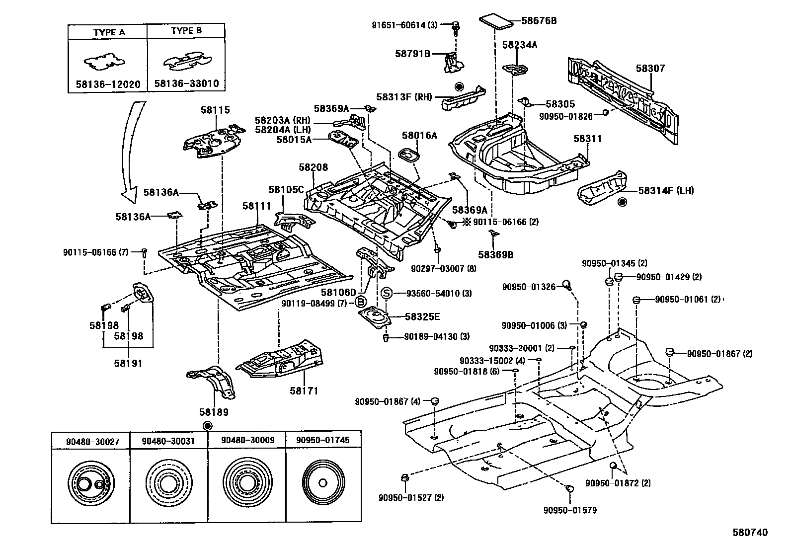 Toyota CAMRY 浅盘形地板和车身下背板 EPC diagram — 580740