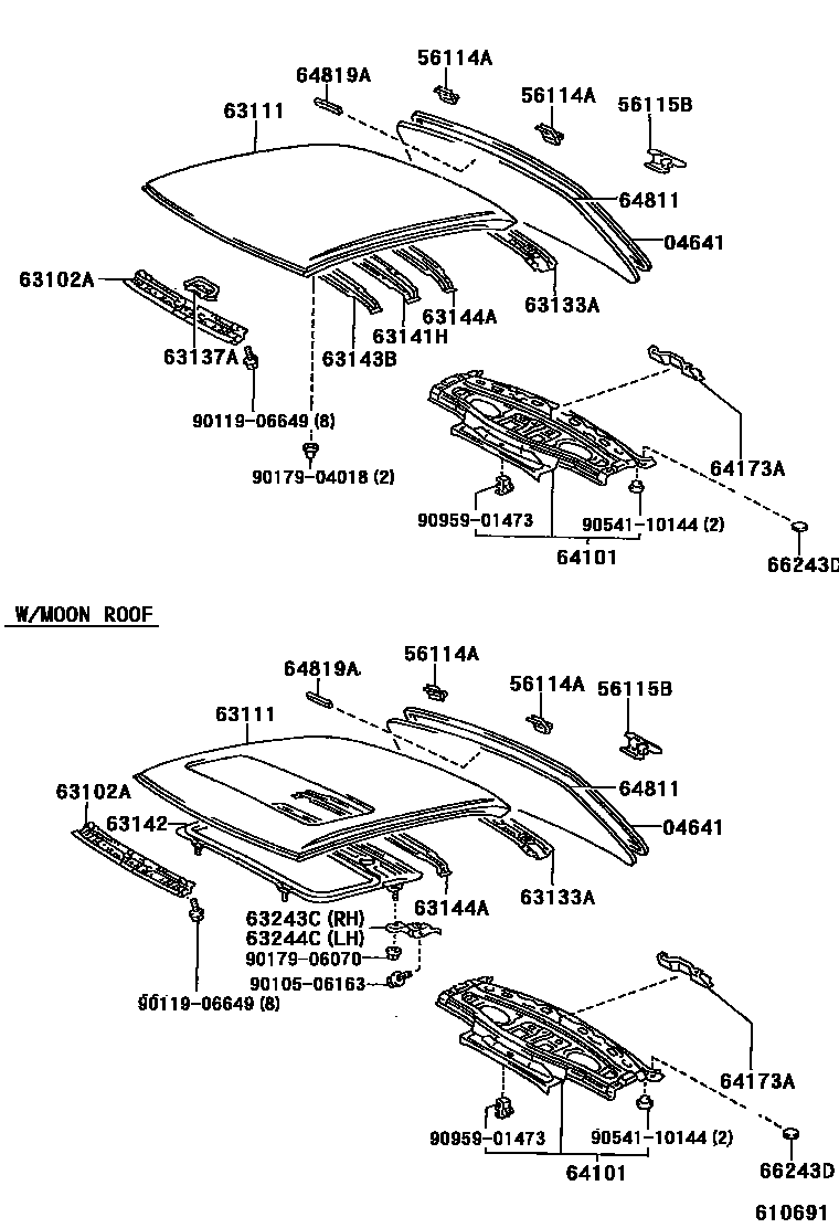Toyota CAMRY 天窗板和背窗玻璃 EPC diagram — 610691
