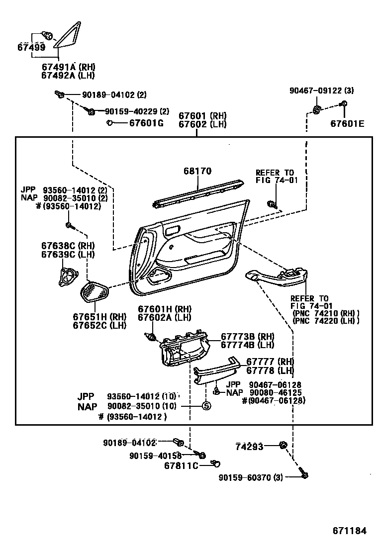 Toyota CAMRY 前门板和前门玻璃 EPC diagram — 671184