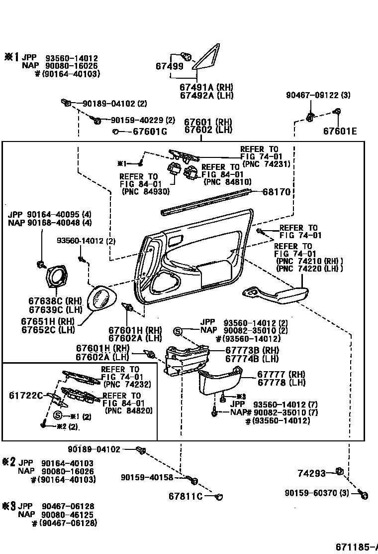 Toyota CAMRY 前门板和前门玻璃 EPC diagram — 671185A