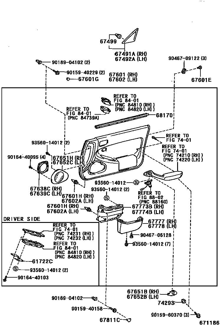 Toyota CAMRY 前门板和前门玻璃 EPC diagram — 671186