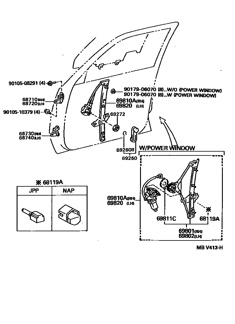 Toyota CAMRY 前门车窗升降器和合页 EPC diagram — MBV413H
