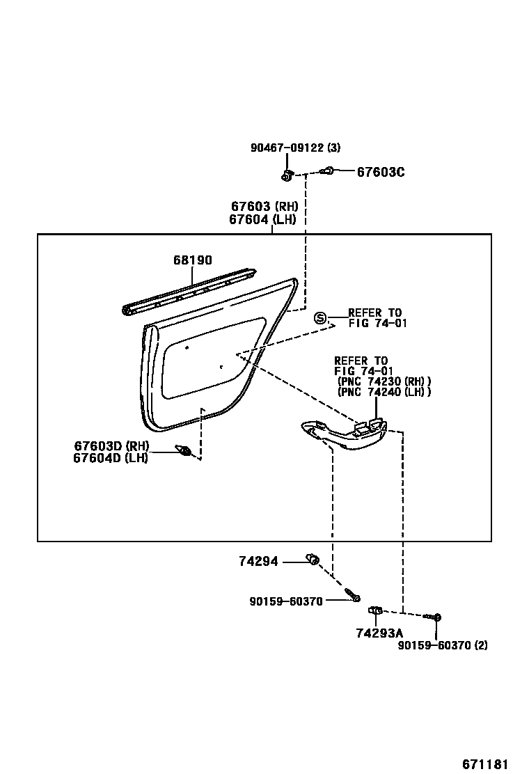 Toyota CAMRY 后门板和后门玻璃 EPC diagram — 671181