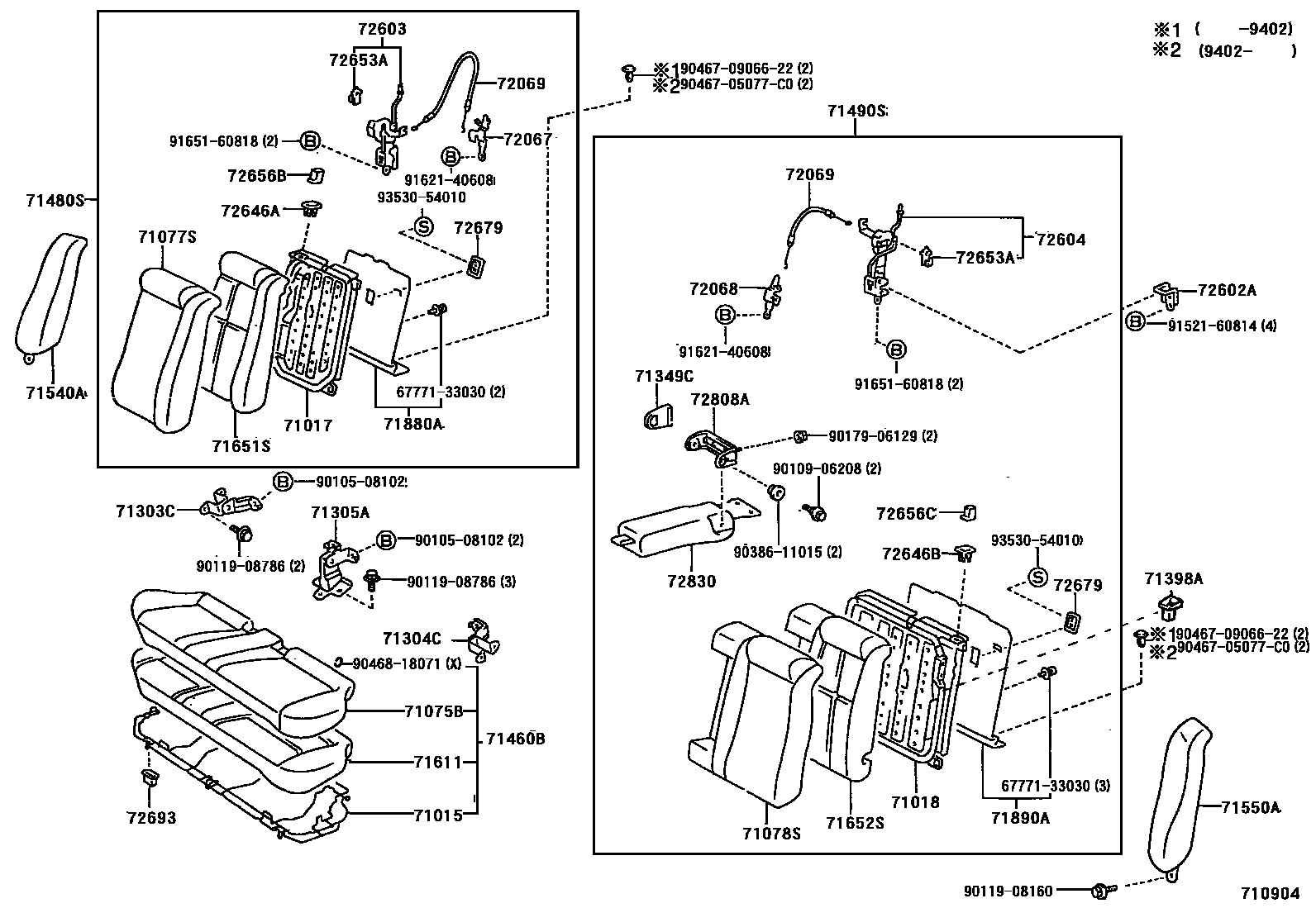 Toyota CAMRY 后排座椅和座椅滑轨 EPC diagram — 710904