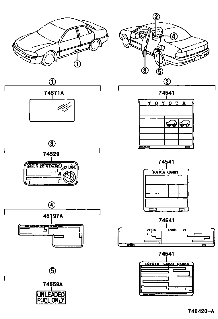 Toyota CAMRY 警示铭牌(车外和车内) EPC diagram — 740420A