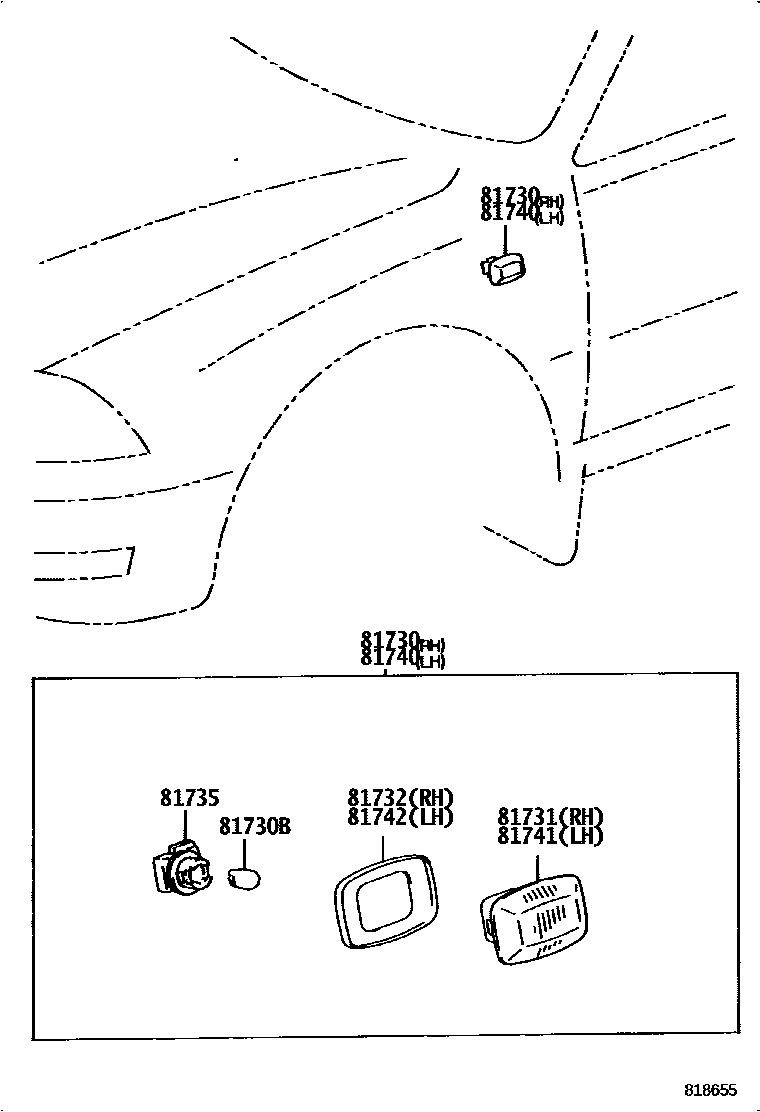 Toyota CAMRY Side Turn Signal & Outer Mirror Lamp EPC diagram — 818655
