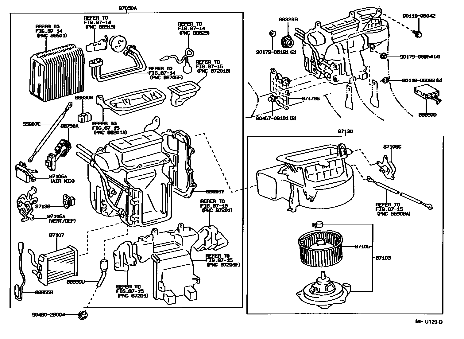 Toyota CAMRY 暖风和空调系统 - 加热装置和鼓风机 EPC diagram — MEU129D