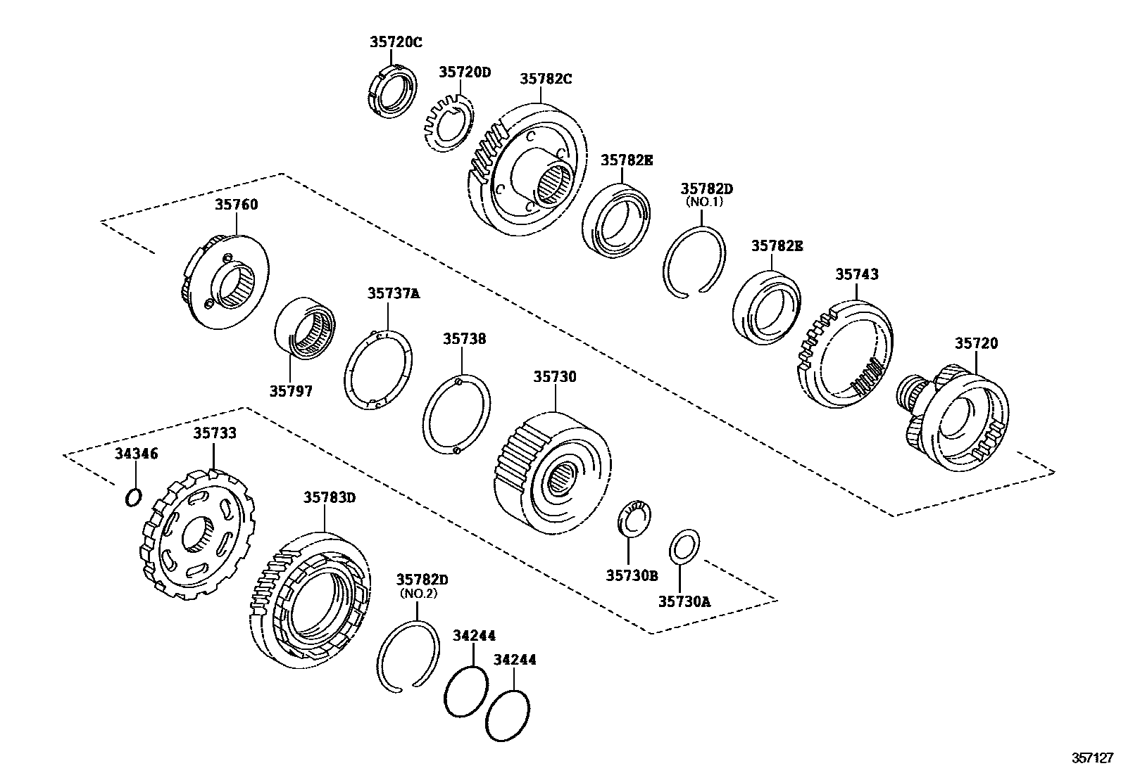 Toyota CAMRY 行星齿轮、倒档活塞和中间轴齿轮(ATM) EPC diagram — 357127