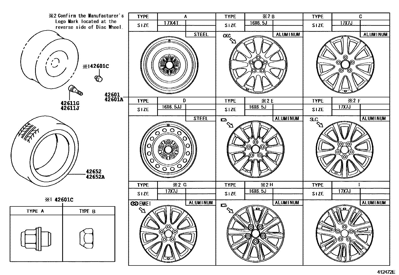 Toyota CAMRY 车轮和车轮盖 EPC diagram — 412472E
