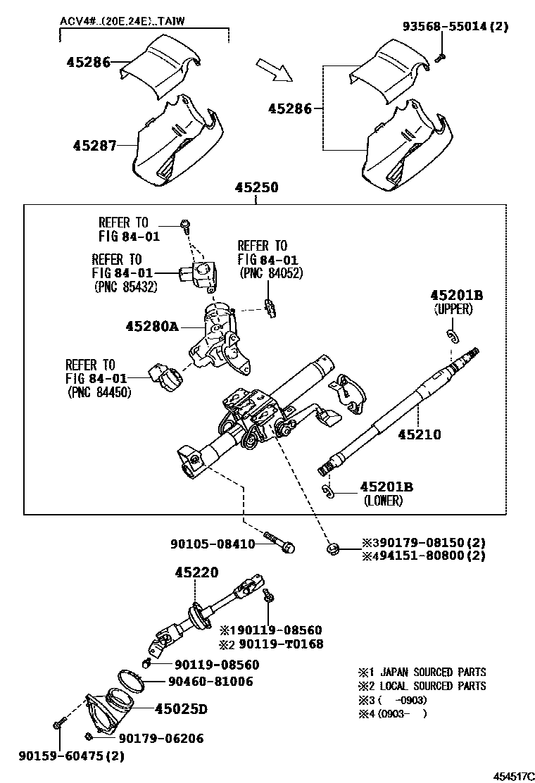 Toyota CAMRY Steering Column & Shaft EPC diagram — 454517C