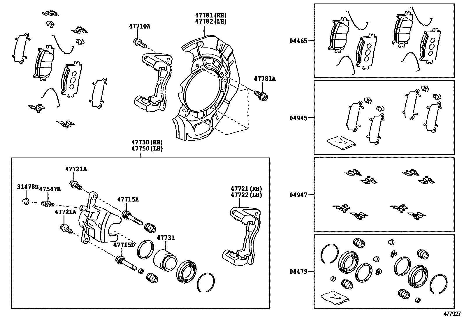 Toyota CAMRY 前盘式制动器卡钳和防尘罩 EPC diagram — 477927