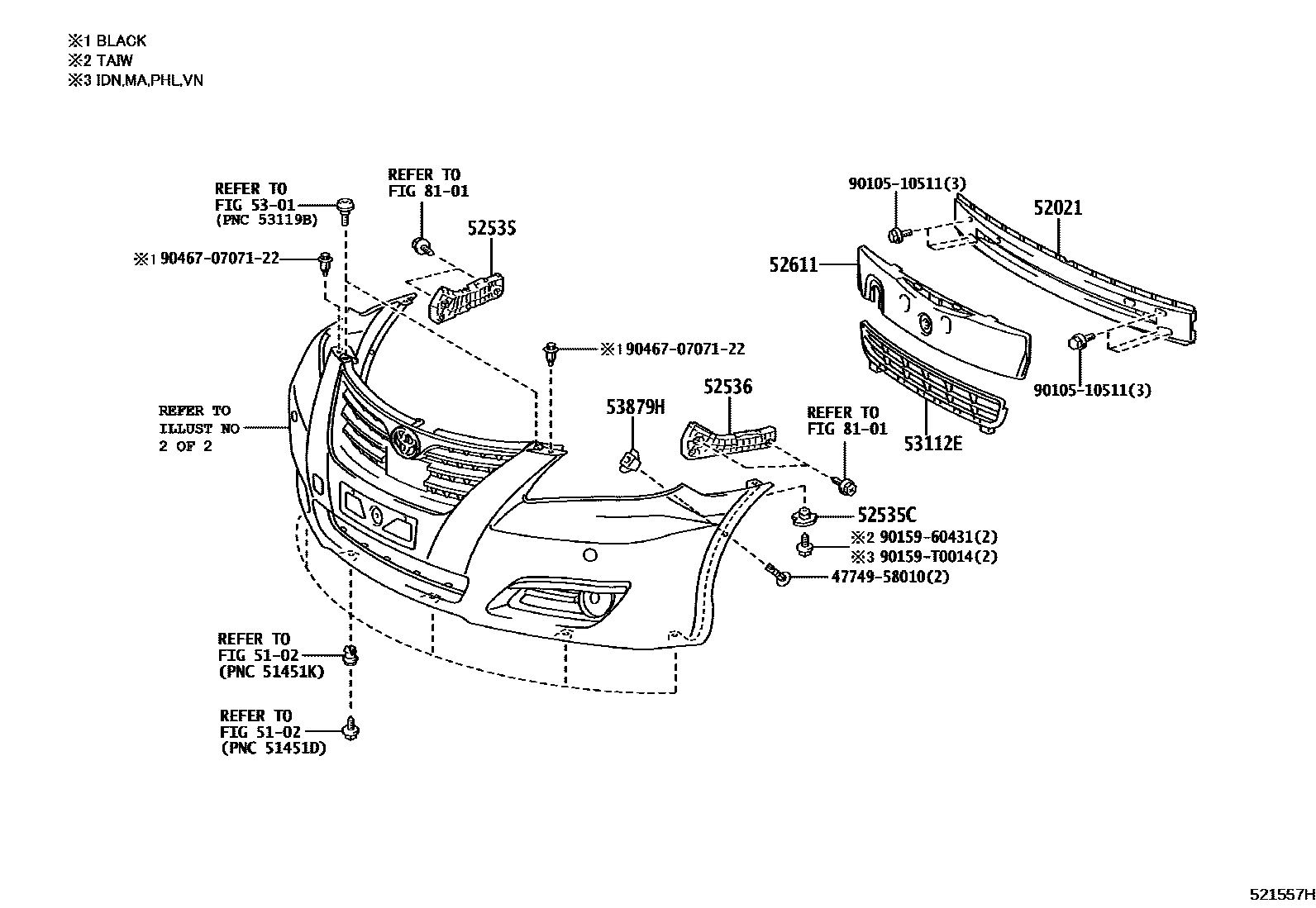Toyota CAMRY 前保险杠及附件 EPC diagram — 521557H