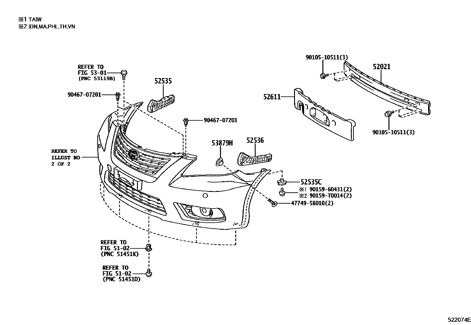 Toyota CAMRY 前保险杠及附件 EPC diagram — 522074E