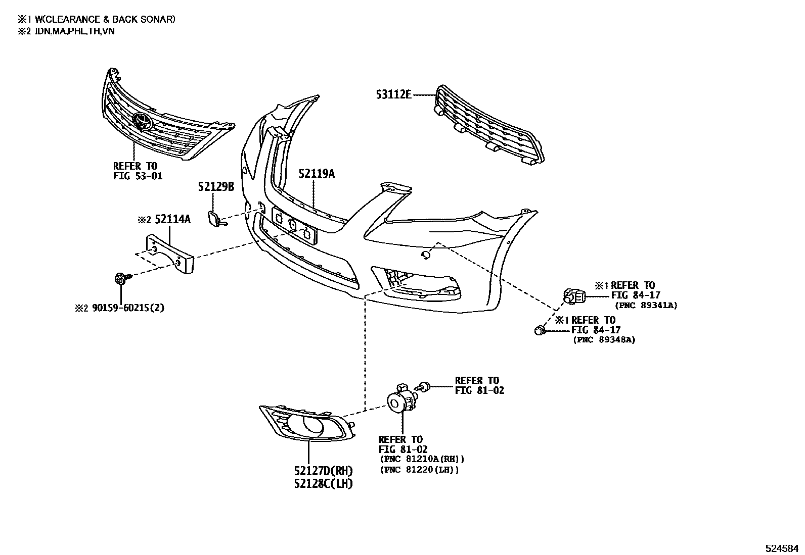 Toyota CAMRY 前保险杠及附件 EPC diagram — 524584
