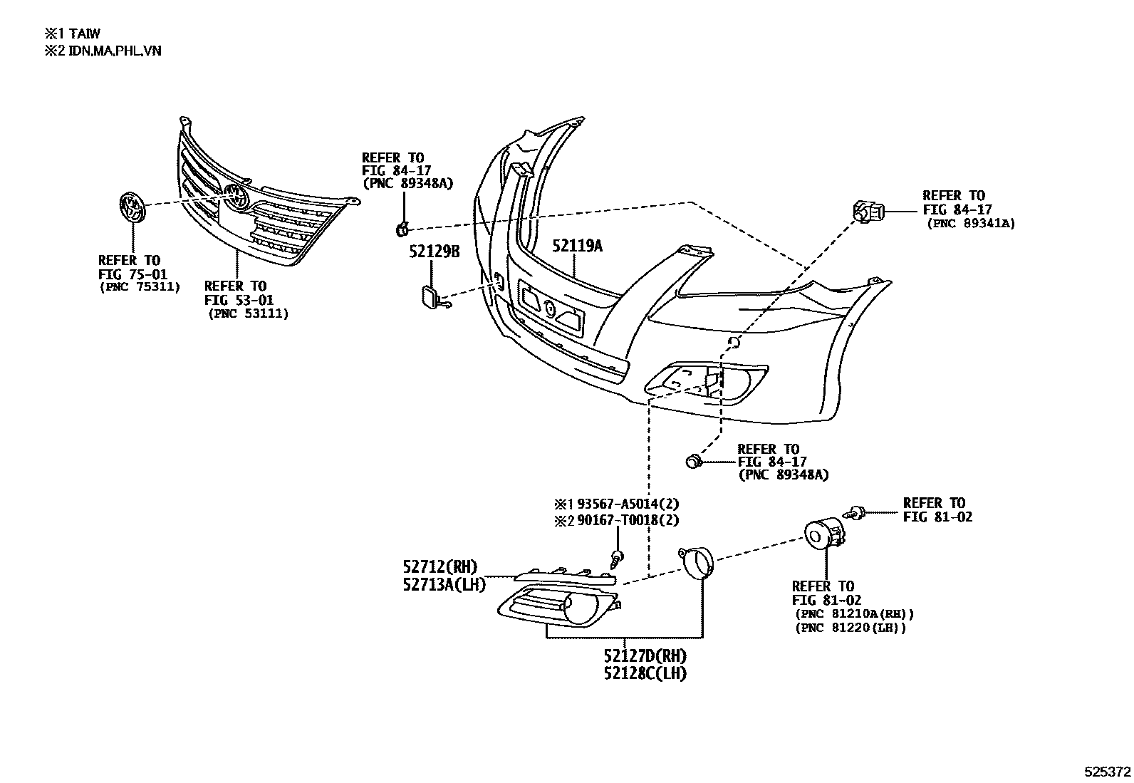 Toyota CAMRY 前保险杠及附件 EPC diagram — 525372