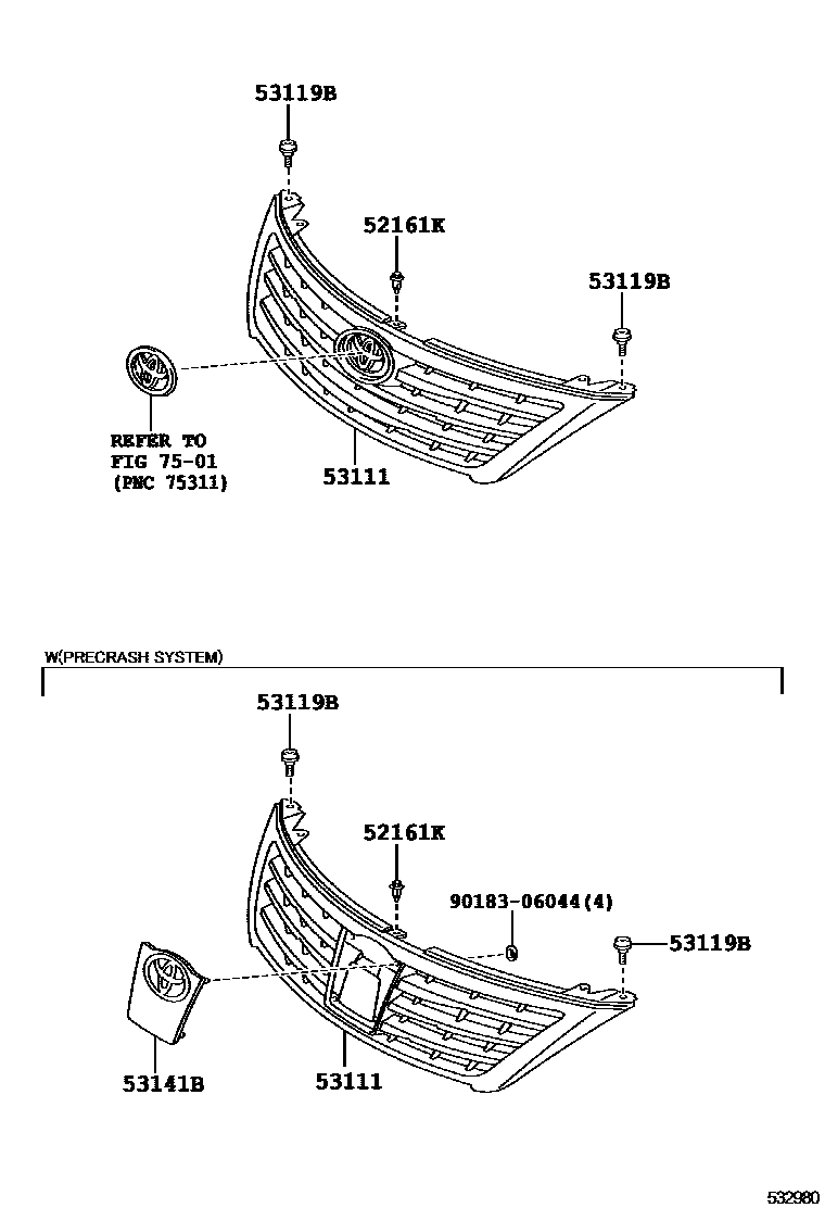 Toyota CAMRY radiator grille EPC diagram — 532980