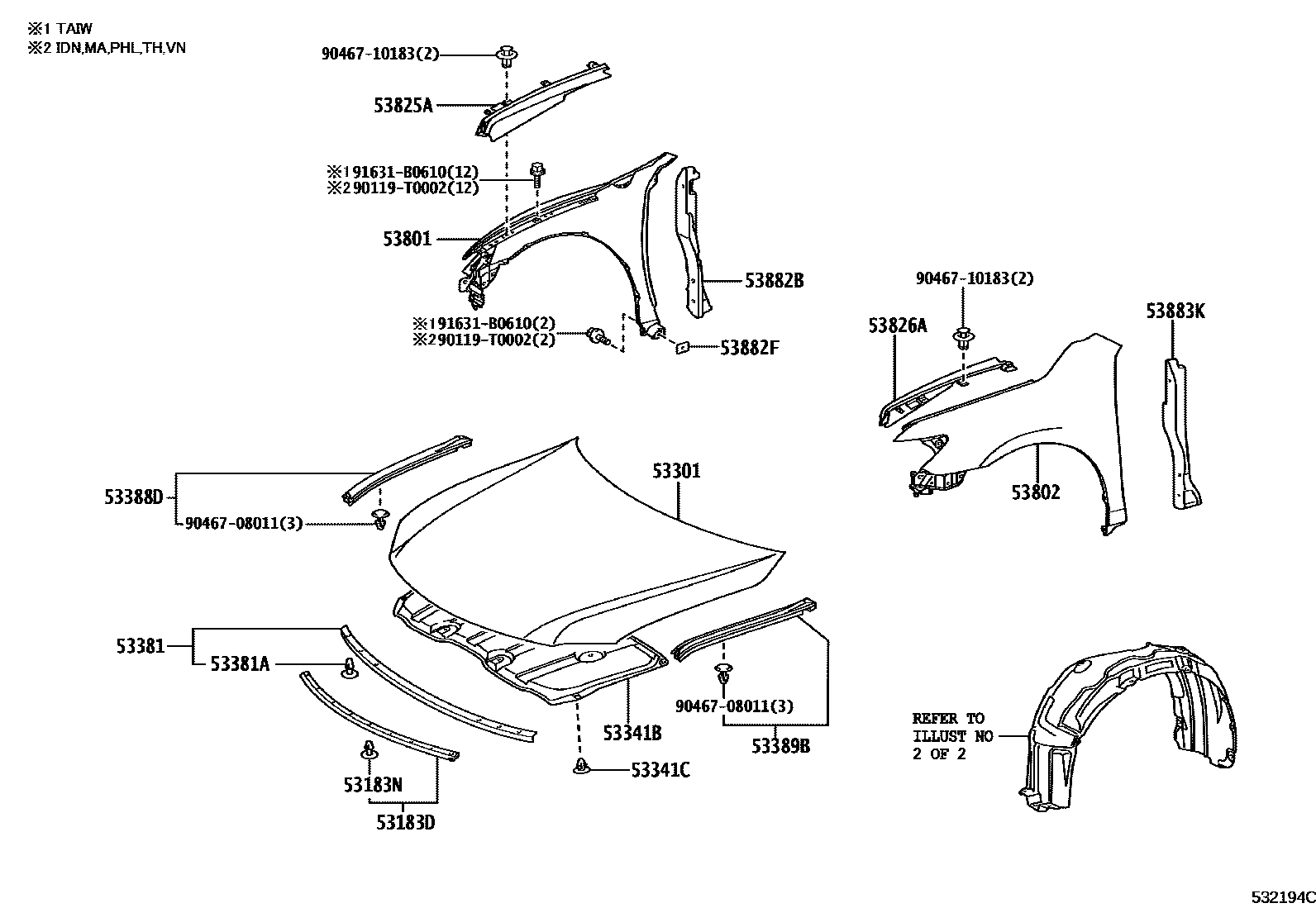 Toyota CAMRY 发动机盖和前翼子板 EPC diagram — 532194C