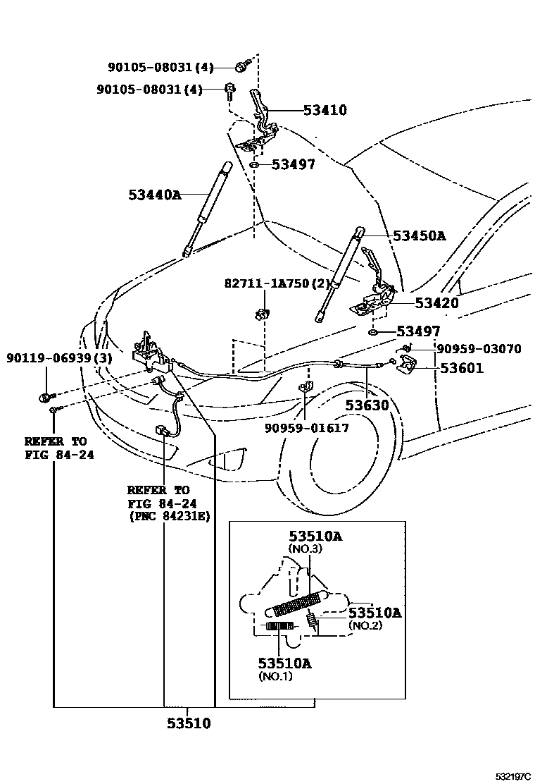 Toyota CAMRY 发动机盖锁和铰链 EPC diagram — 532197C