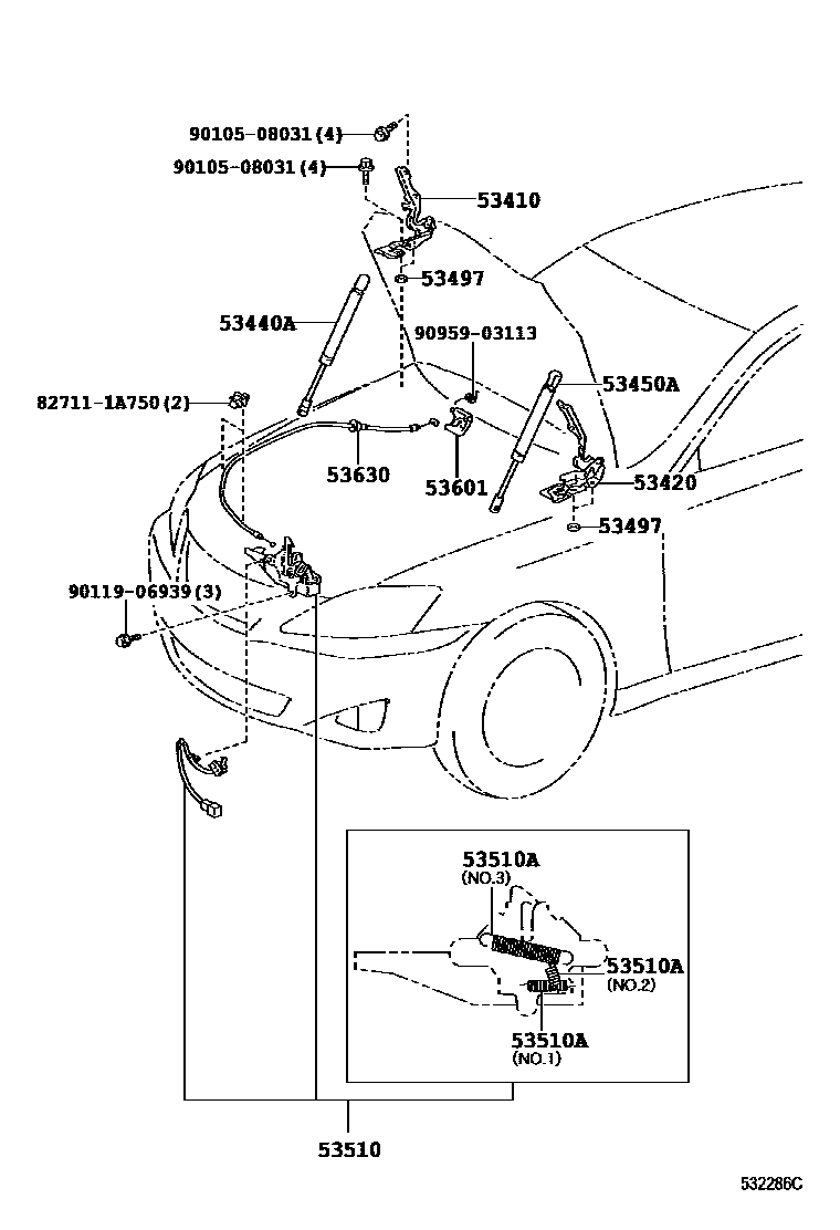 Toyota CAMRY 发动机盖锁和铰链 EPC diagram — 532286C