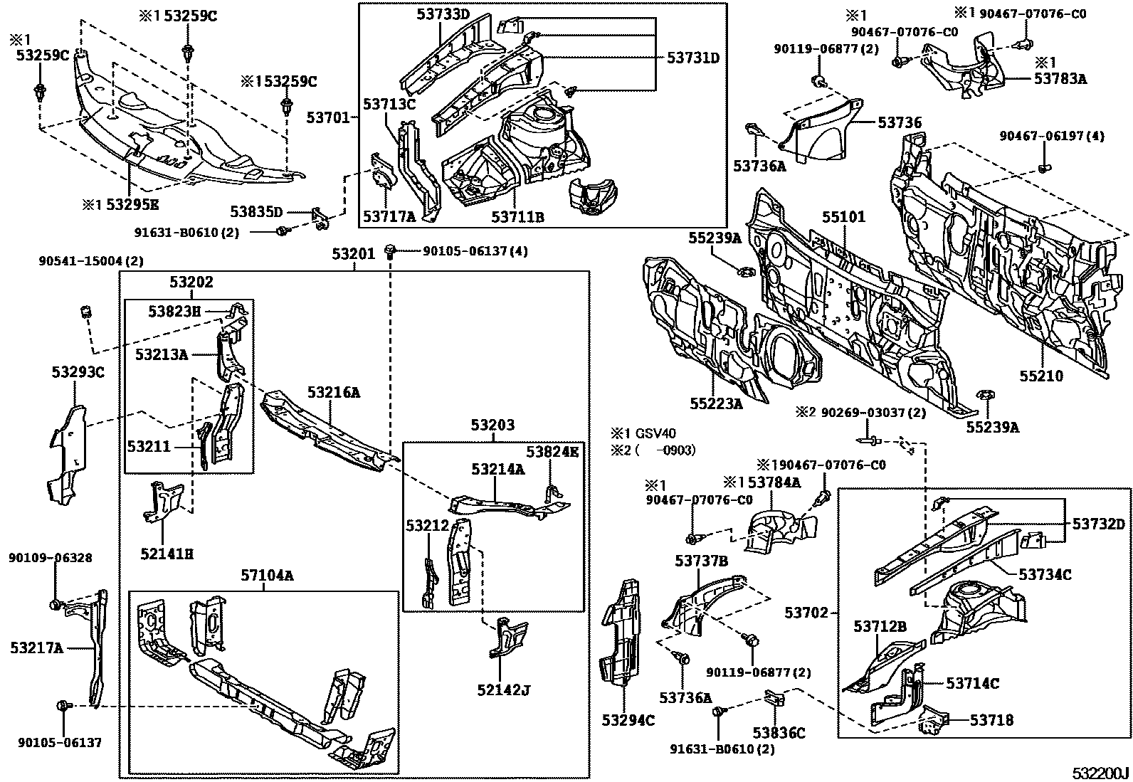Toyota CAMRY 前翼子板挡泥板和前围板 EPC diagram — 532200J