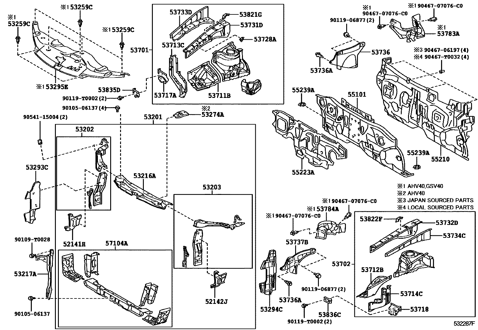 Toyota CAMRY 前翼子板挡泥板和前围板 EPC diagram — 532287F