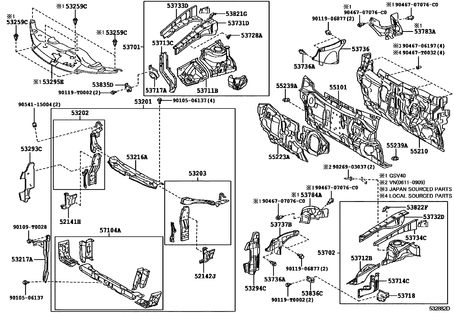 Toyota CAMRY 前翼子板挡泥板和前围板 EPC diagram — 532882D