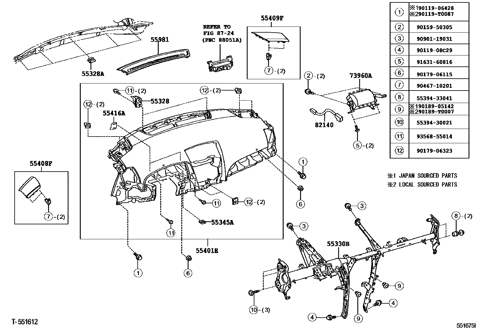 Toyota CAMRY 仪表板和手套箱 EPC diagram — 551675I