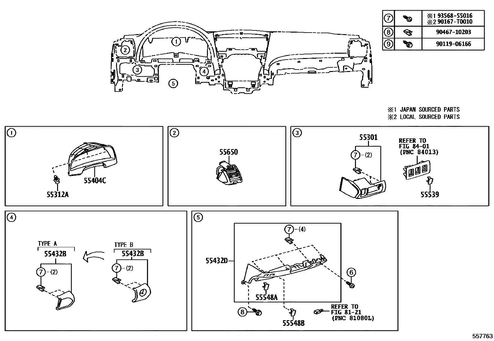 Toyota CAMRY 仪表板和手套箱 EPC diagram — 557763