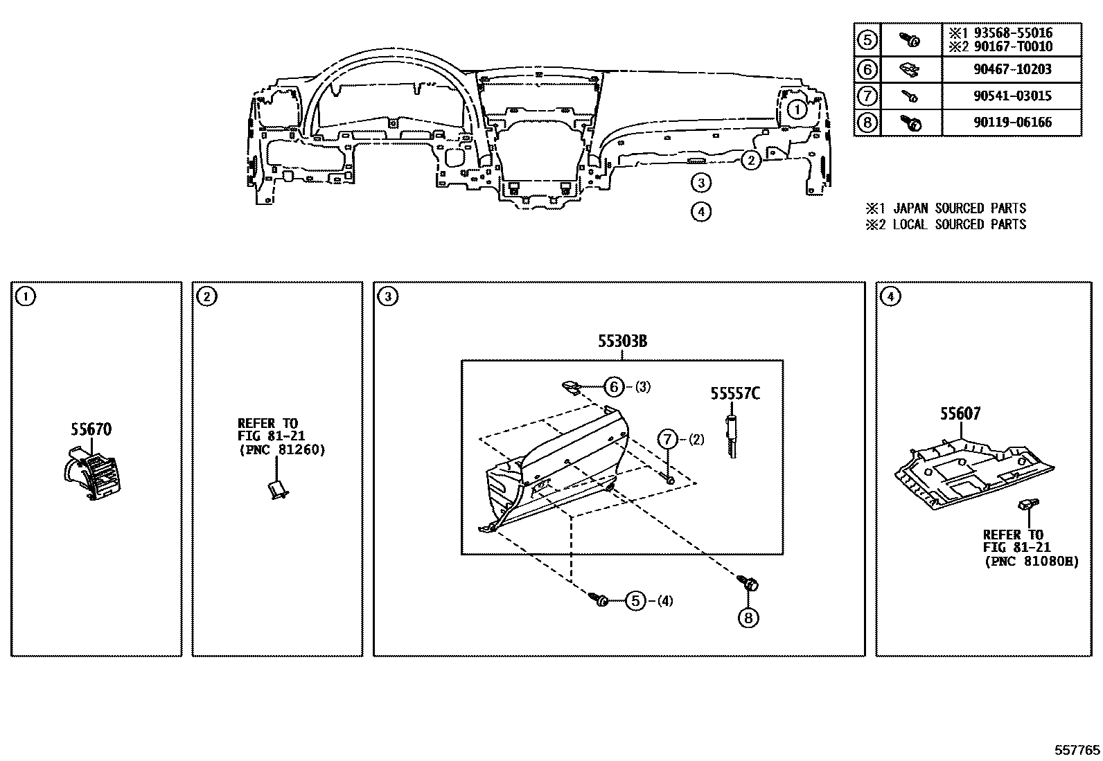 Toyota CAMRY 仪表板和手套箱 EPC diagram — 557765