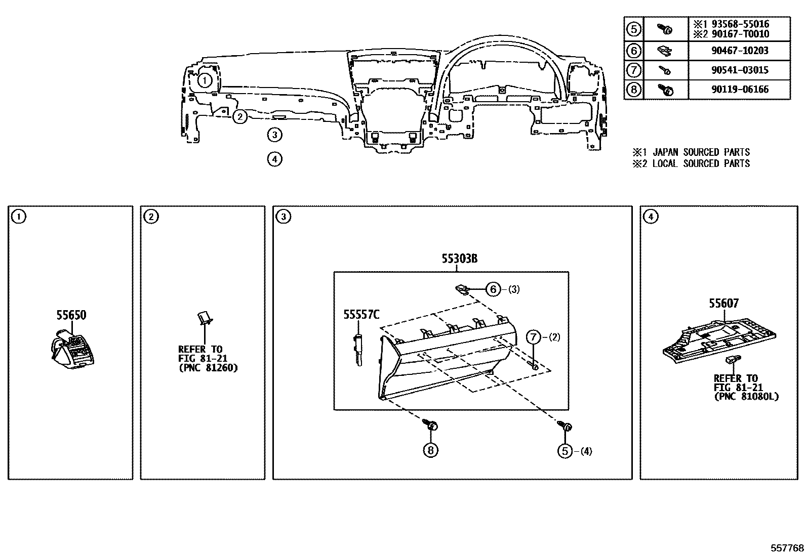 Toyota CAMRY 仪表板和手套箱 EPC diagram — 557768