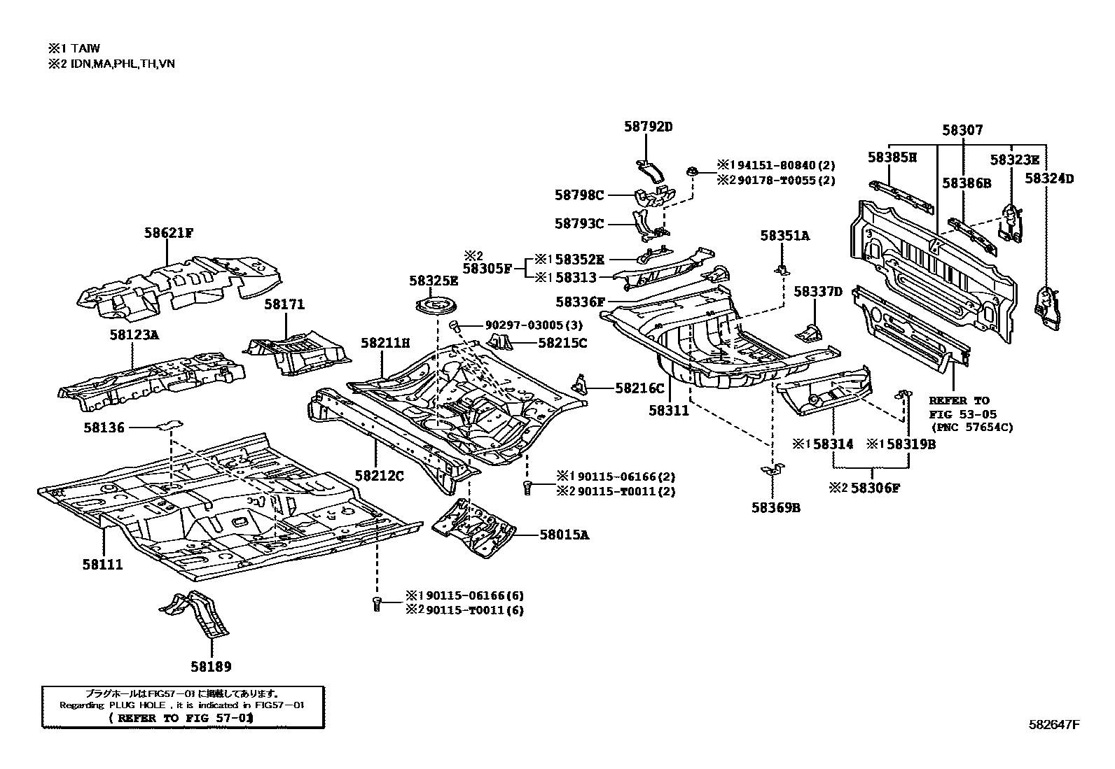 Toyota CAMRY 浅盘形地板和车身下背板 EPC diagram — 582647F